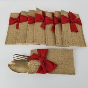 Le Cadeaux‎ Cutlery Couture Jute Silverware Pouches Red Bow 8pc Set Rustic Table